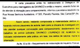 Em vídeo o deputado Celso Russomano mostra inquérito em que Davincci Lourenço de Almeida é investigado.